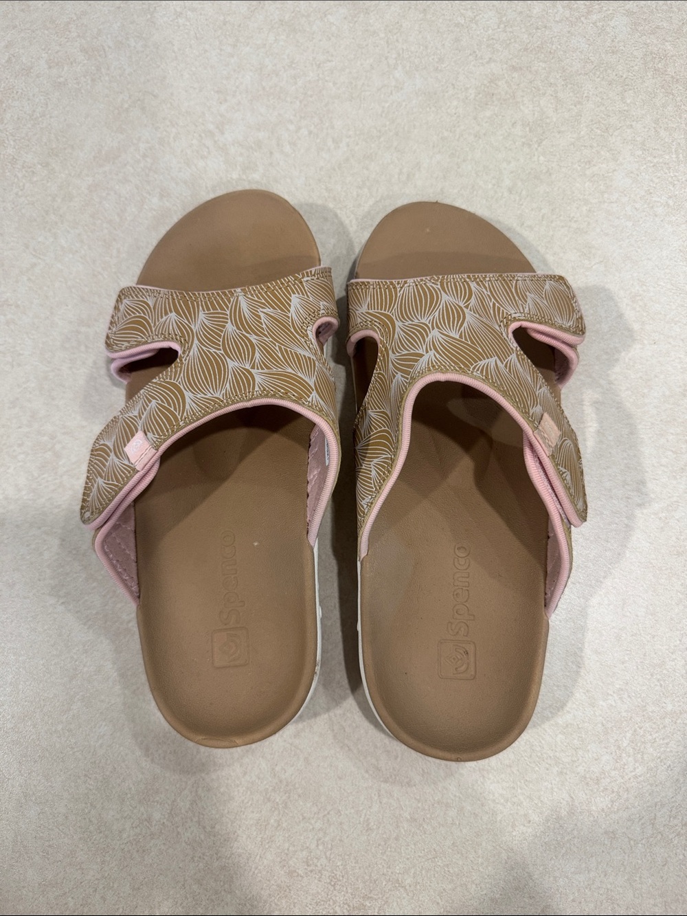 Spenco Orthotic Women's Adjustable Brown Slide Sandals with Pink Trim